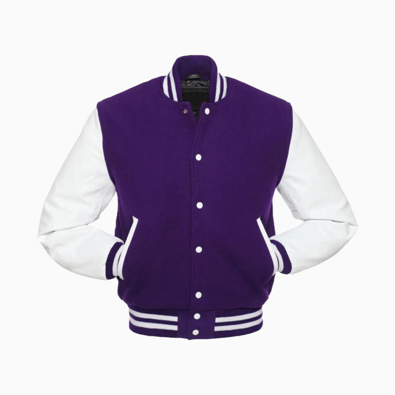 Womens Purple Wool Body & White Leather Sleeves Varsity Jacket 2