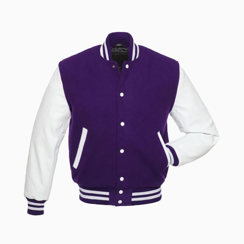 Womens Purple Wool Body & White Leather Sleeves Varsity Jacket 1