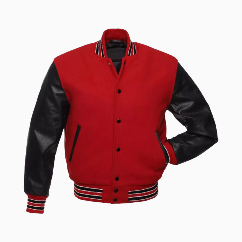 Womens Red Wool Body & Black Leather Sleeves Varsity Jacket 1