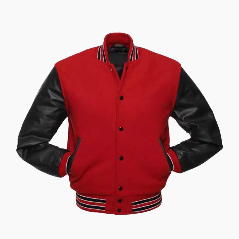 Womens Red Wool Body & Black Leather Sleeves Varsity Jacket 2