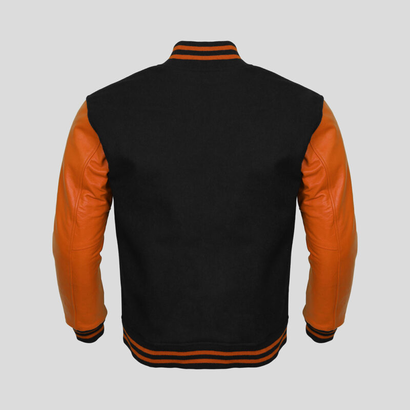 Customized Leather sleeve Varsity jackets in Black and orange colour 2