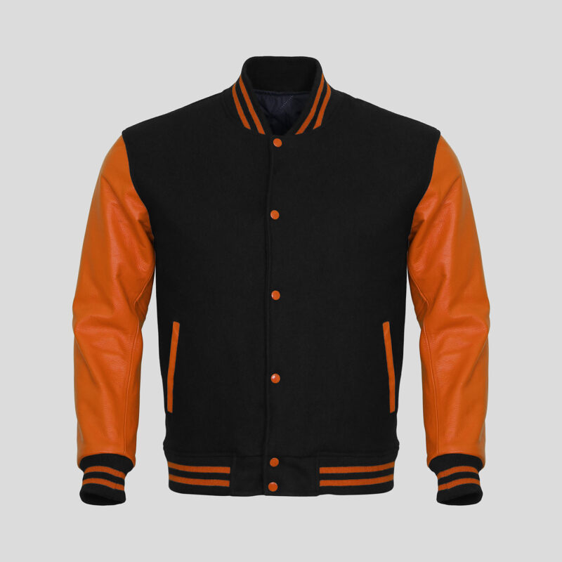 Customized Leather sleeve Varsity jackets in Black and orange colour 1